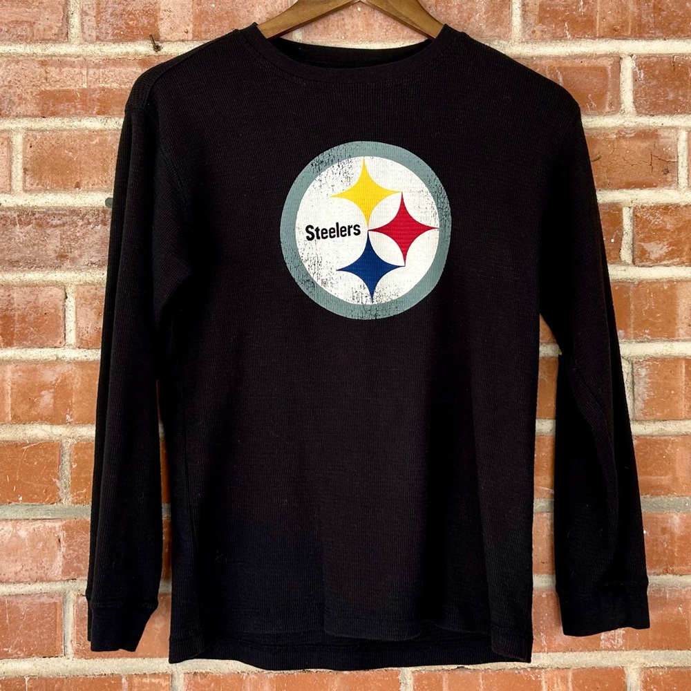 Sz L (10-12) Old Navy Black Steelers Long Sleeve Henley Thermal Tee